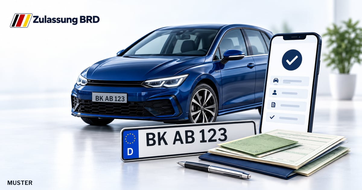 Online Fahrzeugzulassung in Waiblingen: Musterkennzeichen BK AB 123, Auto und Fahrzeugpapiere und Smartphone. Illustration mit Logo von Zulassung BRD.
